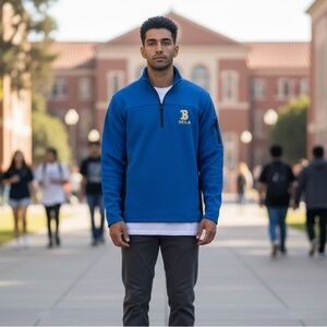 UCLA BRUINS Shirt Mens Medium Royal Blue Quarter Zip Waffle Knit Long Sleeve